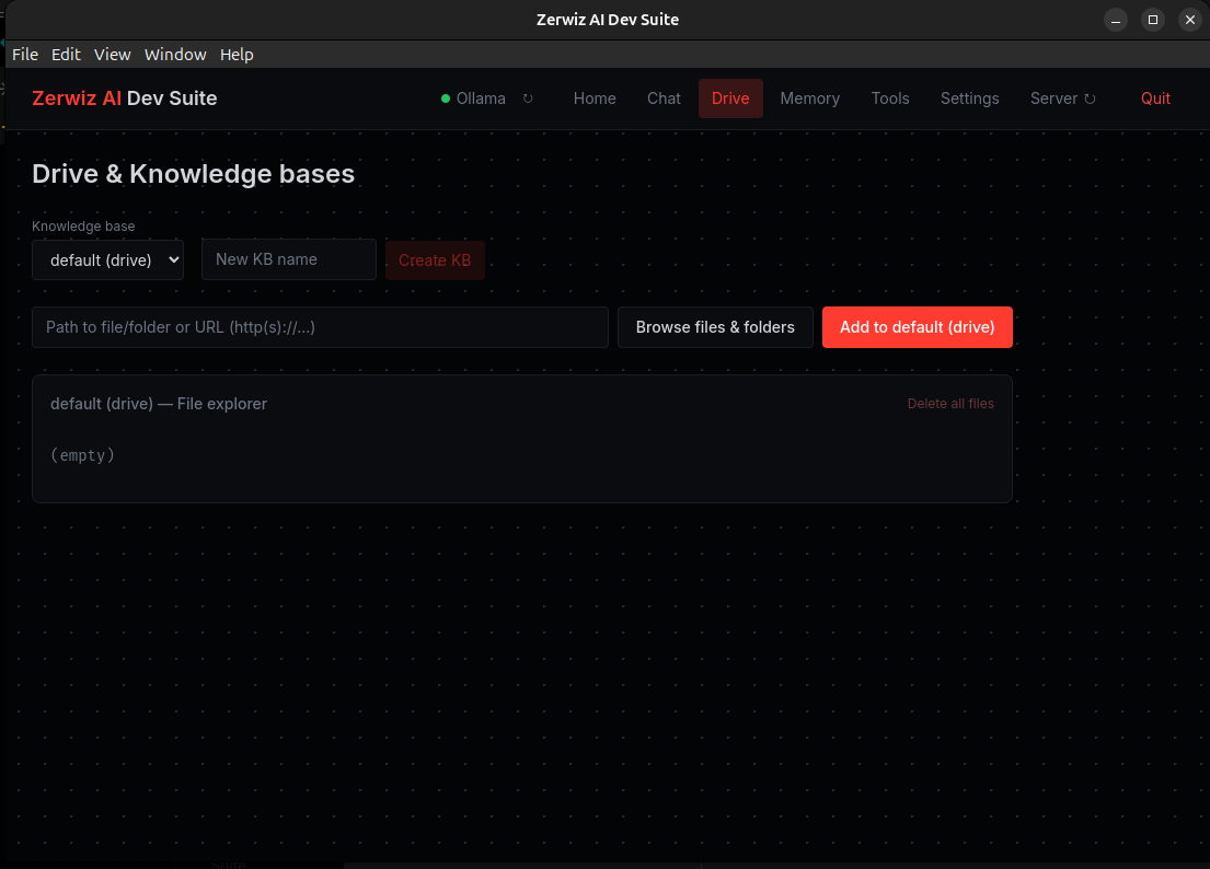 Drive & Knowledge bases: create KBs, add files/folders/URLs, file explorer.